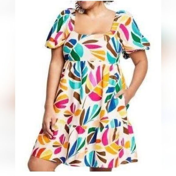 Tabitha Brown Target Puff Sleeve Dress Multicolor Leaves - Picture 1 of 10